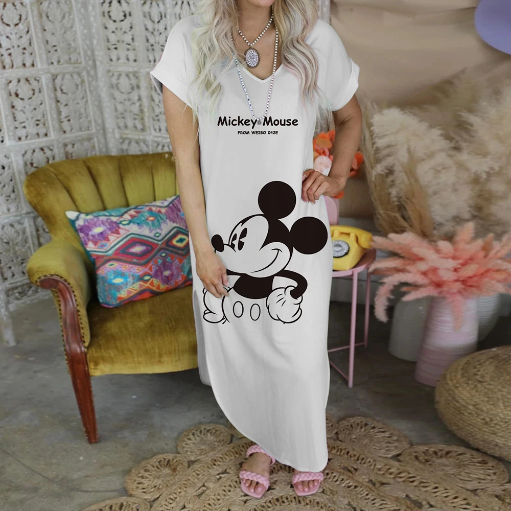 Minnie Mouse Maxi Dress Disney Elegant Casual Women's Dresses for Women 2022 Fashion Print Split Skirt V-Neck Robe Evening Party