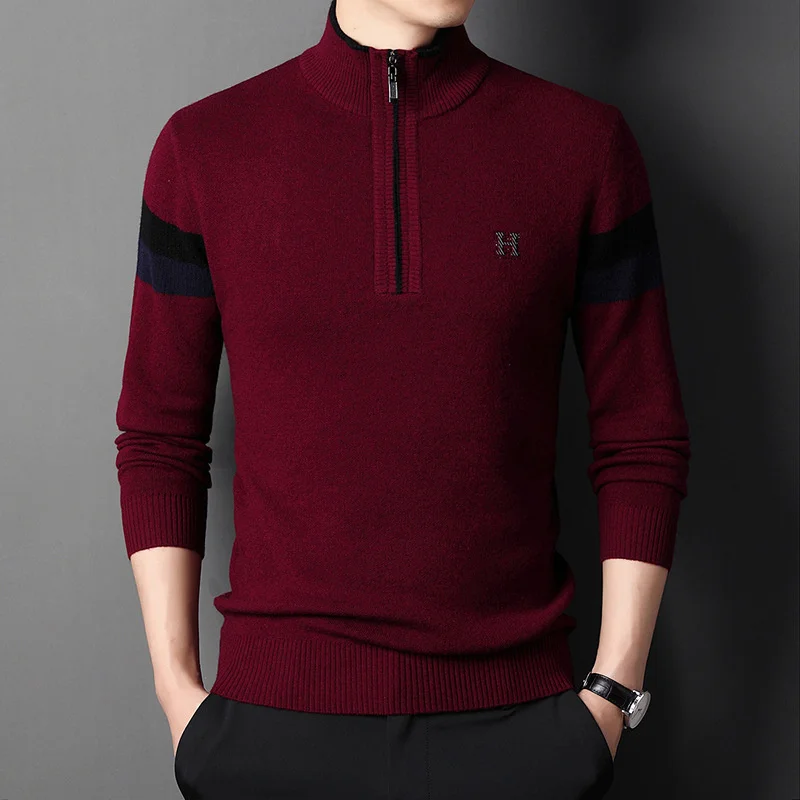 

Pure Woolen Men's 100 Half High Neck Zipper Sweater Winter New Style Thickened Warm Keeping Underpinning Knitted Loose