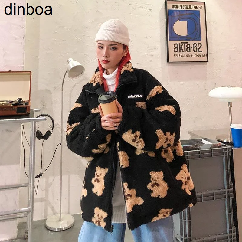 

Chic Stand Collar Reversible Cotton-padded Coat Women Full Cartoon Bears Printed Heated Parka Jacket Korean Winter Warm Jacket