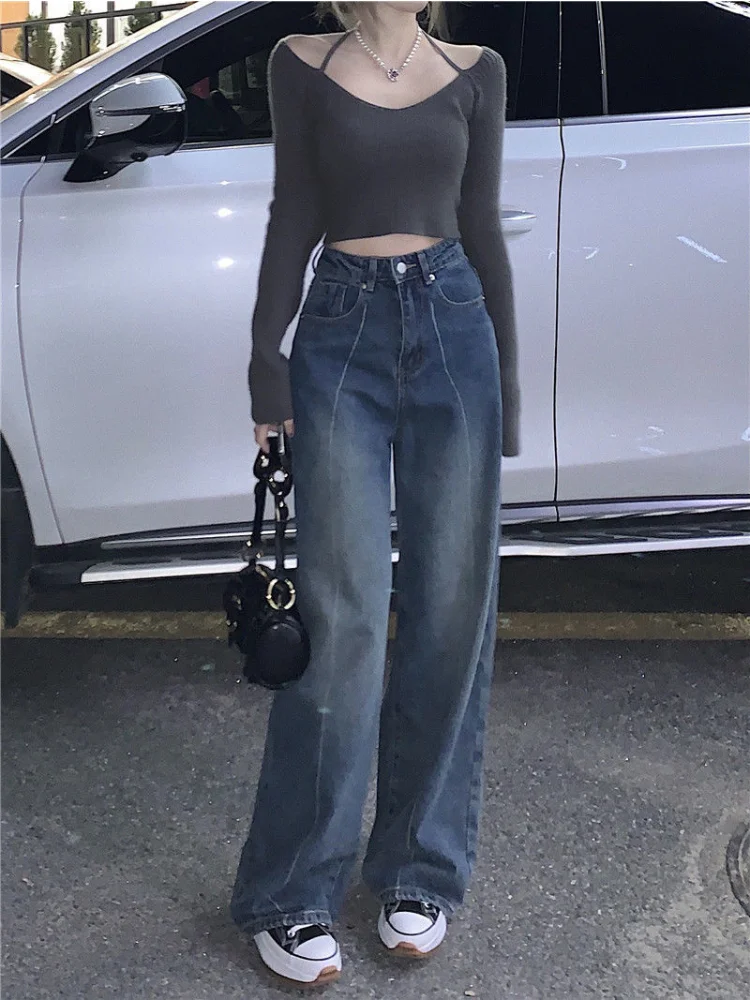 

QWEEK Vintage 90s Baggy Jeans Women Y2K Streetwear Oversize Distressed Wide Leg Denim Pants Harajuku Korean Loose Trousers
