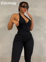 chicology 2022 women black halter sleeveless deep v neck hollow out stretchy fashion sport casual sexy elegant jumpsuits