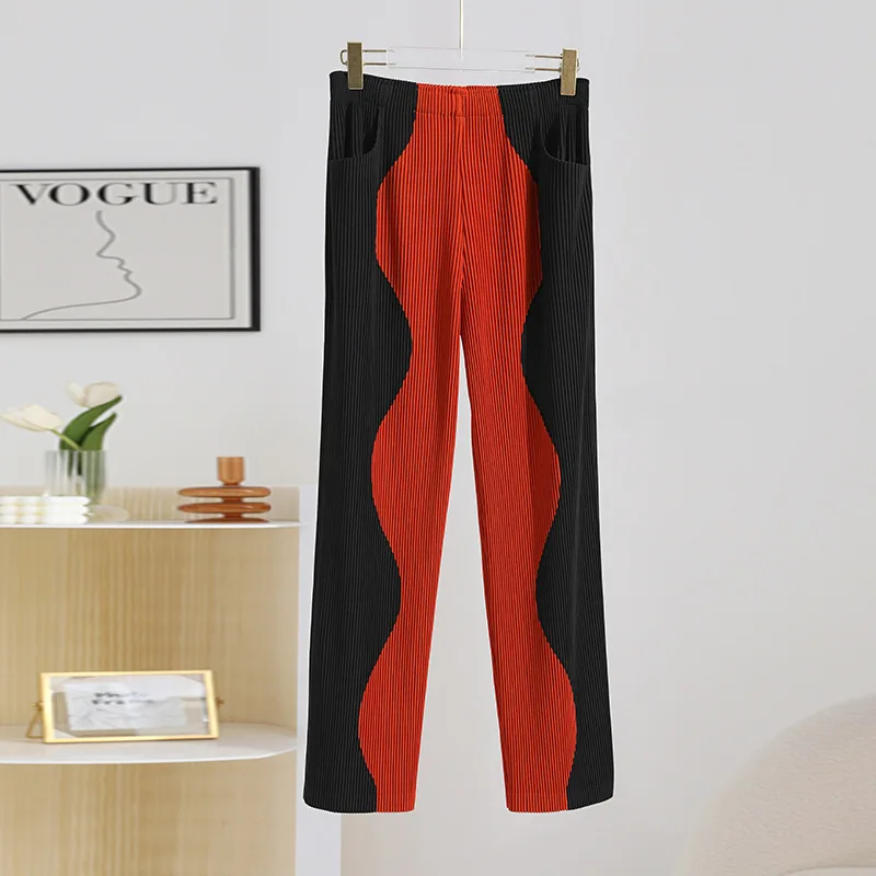 women's Pants pleated monochromatic straight pants Miyak fold Fashion loose large size high waist casual nine-minute pants