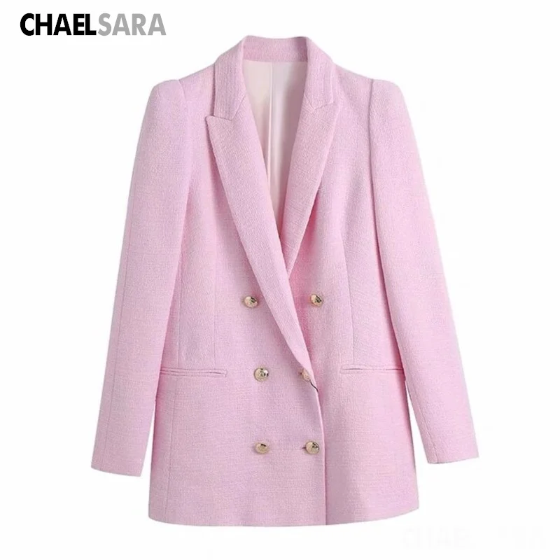 

2022 New Spring Autumn White Long Sleeve Double Breasted Suit Coat Female Women Chic Tweed Blazer Jacket