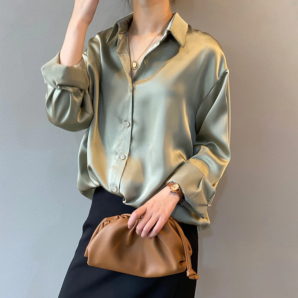 

Casual Lady Satin Blouse Fashion OL Commuter Long Sleeve Solid Color Lapel Single-breasted Patchwork Spring Leisure Women Blouse