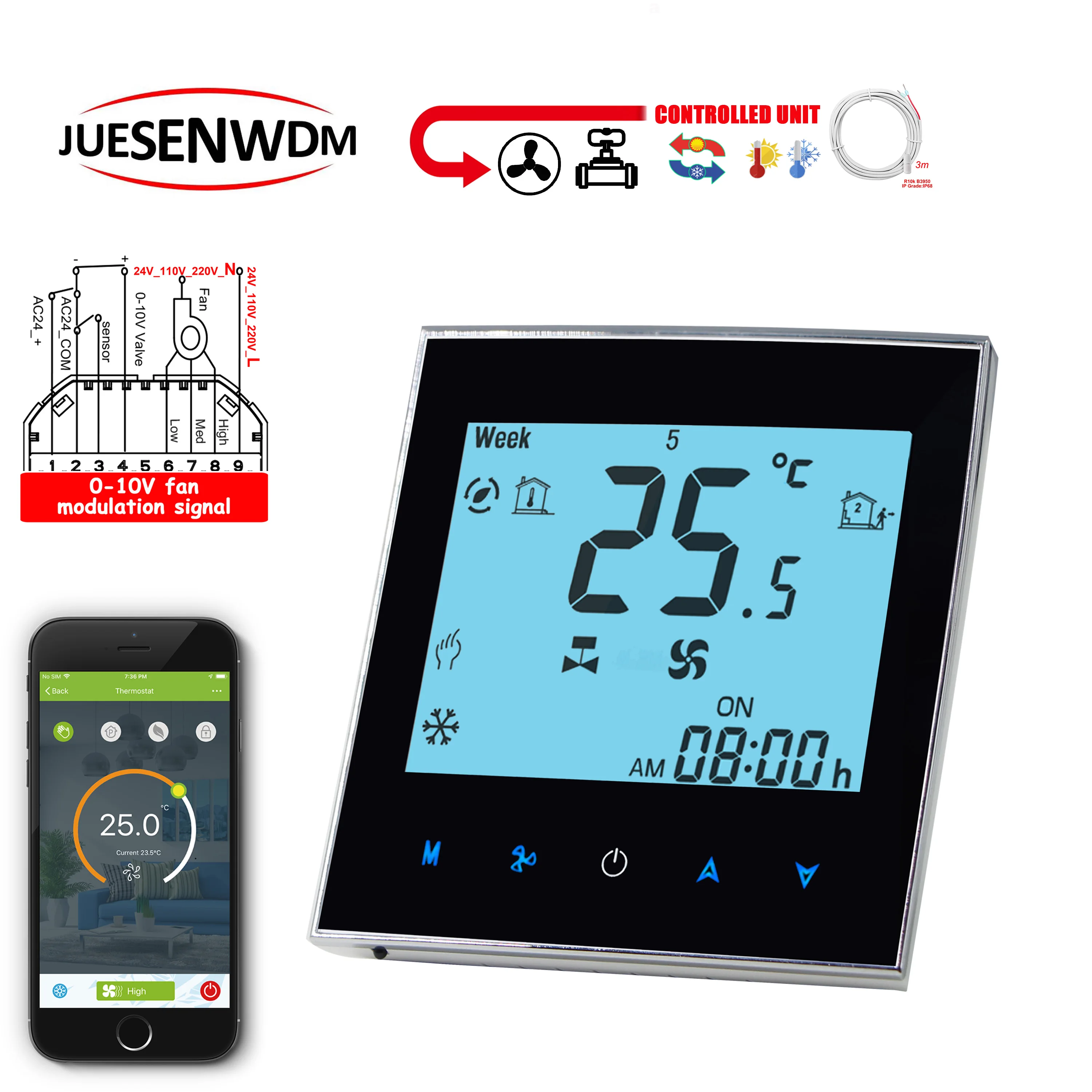 

EU Cooling Heating WIFI&RS485 THERMOSTAT With Adjust Valve 0-10V COM 24V Dry Contact 3-Speed Free Connection 12 24 36 110 220V