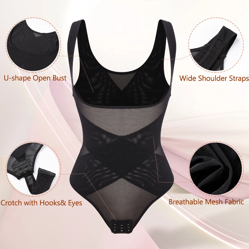 Sexy Mesh Thongs Bodysuit Shapewear Women Slimming Sheath Flat Belly Underwear Tummy Control Cross Compression Body Shapers XXXL