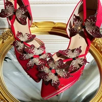 red silk satin handsome diamond butterfly high heels womens leather one line pointed toe shoes wedding spring and autumn