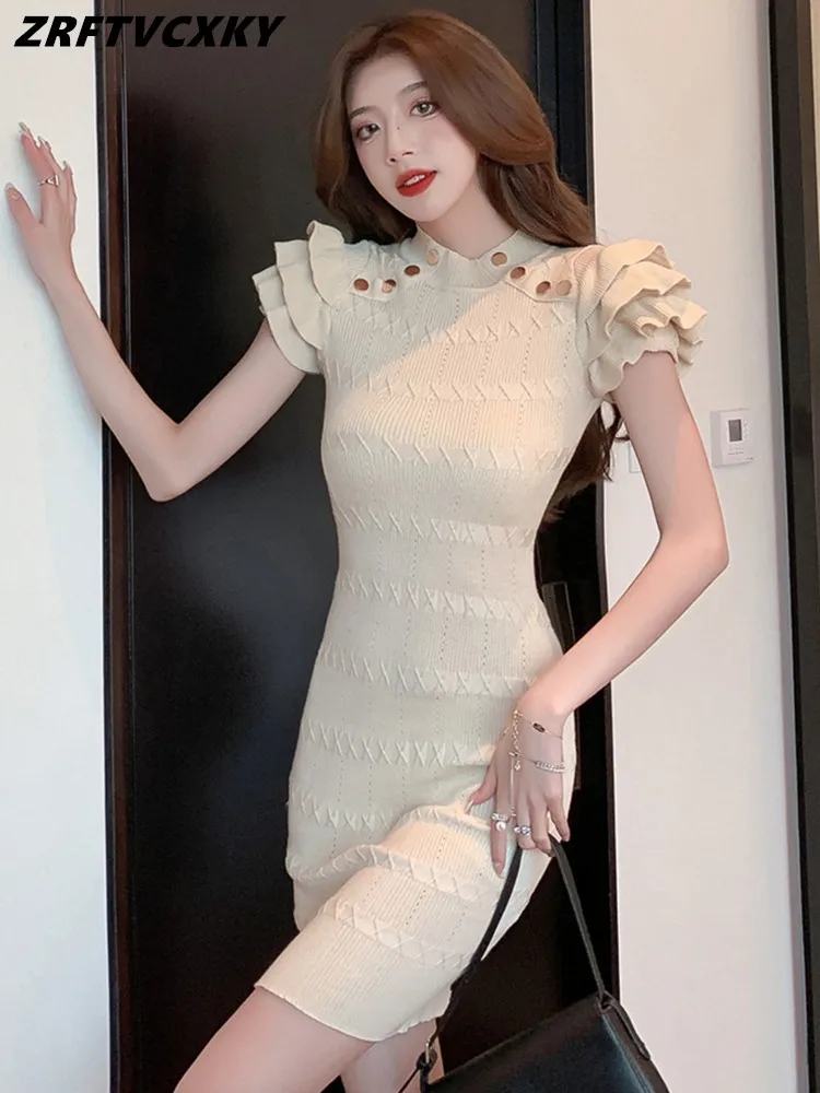 

New Fashion Korean Femme High Waist Knitting Women Dress Chic Ruffles Butterfly Sleeve Bodycon Vestidos Summer Sexy Girl Robe