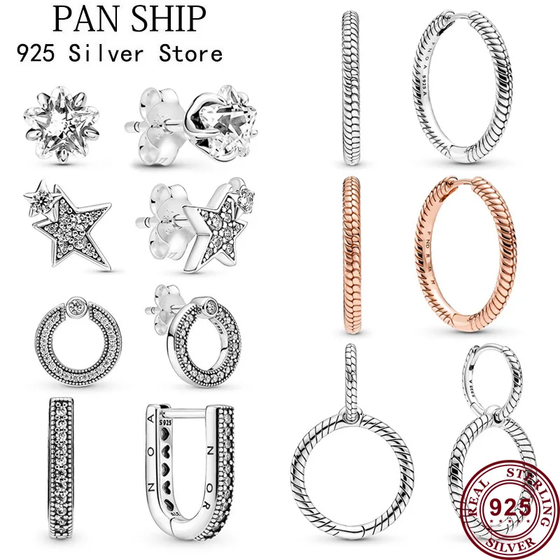 

Hot Sale High Quality 100% 925 Sterling Silver New Shining Star Double Ring Earrings For Women Luxury Diy Jewelry Wedding Gift