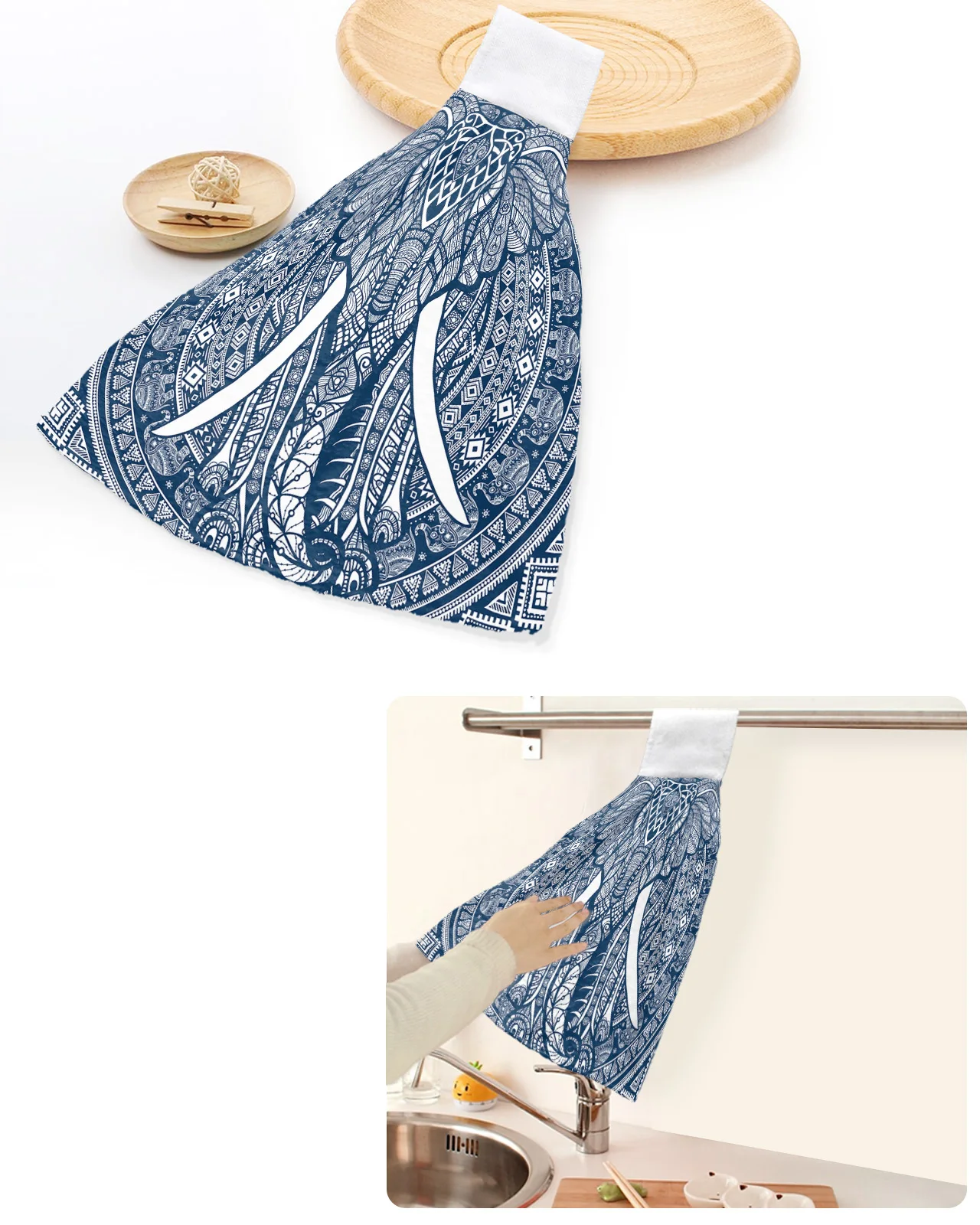 

Mandala Pattern Elephant Blue Hand Towels Home Kitchen Bathroom Hanging Dishcloths Loops Quick Dry Soft Absorbent Custom Towel