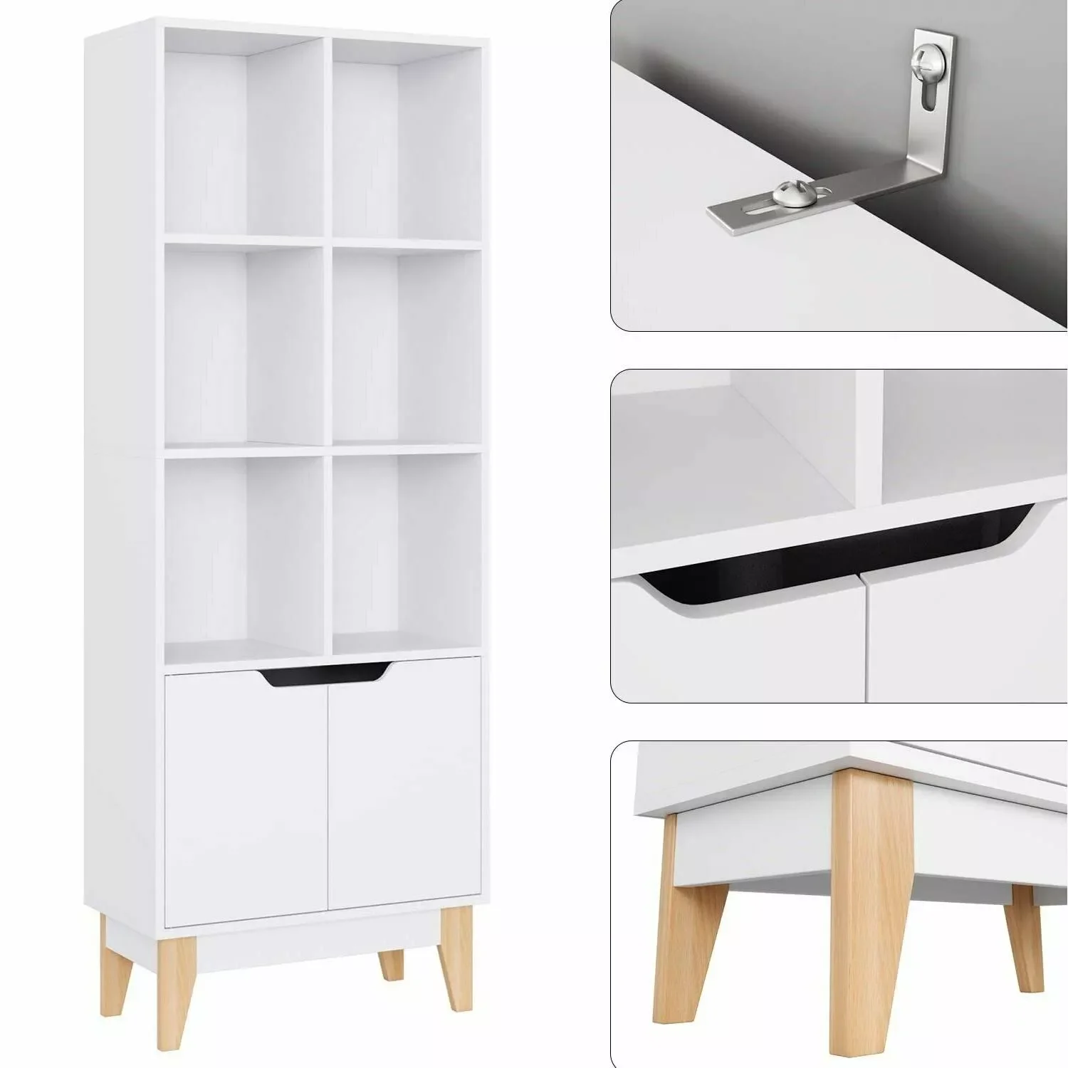 

Bookcase White Bookshelf 6 Cubes Displaying Unit Freestanding Storage Cabinet Kitchen Cupboard with 2 Doors 60x30x162cm