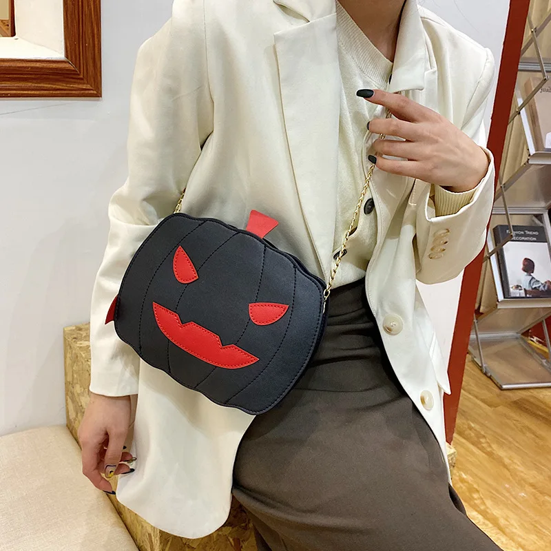 Female Fanny Crossbody Handbag Halloween Devil Pumpkin Shaped Fashion Wild Fantastic Shoulder Bag with Chain Strap Purse Handbag