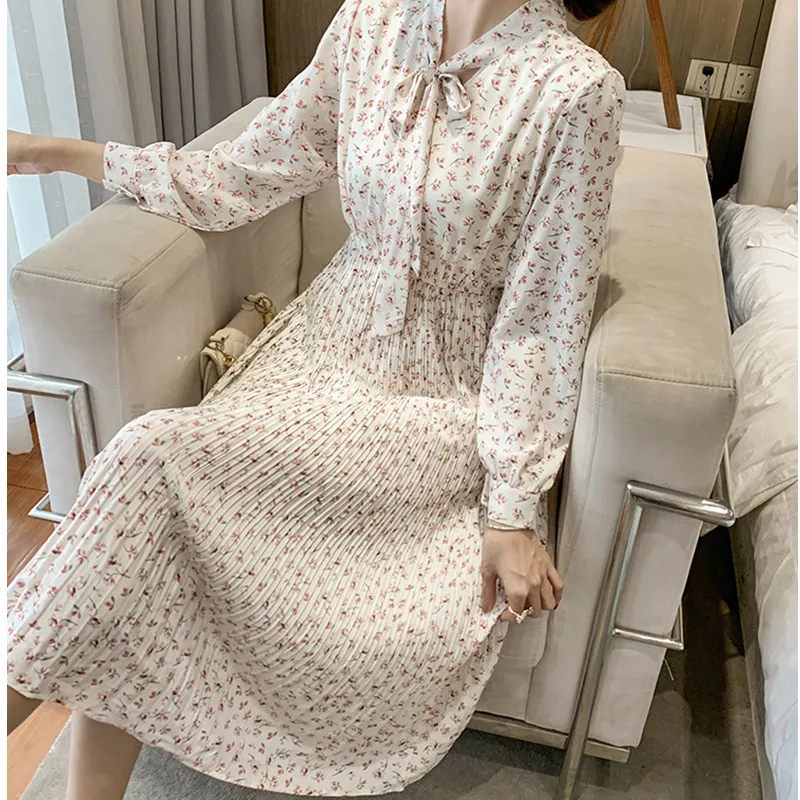 

Long Midi Dress Chic Long Sleeve A-Line Slim Casual Dress Autumn Winter Spring Elegant White Floral Bow Tie Pleated Dress
