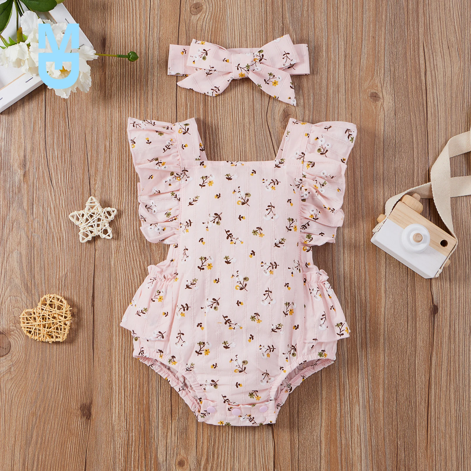 

New 2 Pcs born Floral Outfits Baby Girl Tie-Up Ruffled Fly Sleeve Square Collar Romper + Bowknot Headband
