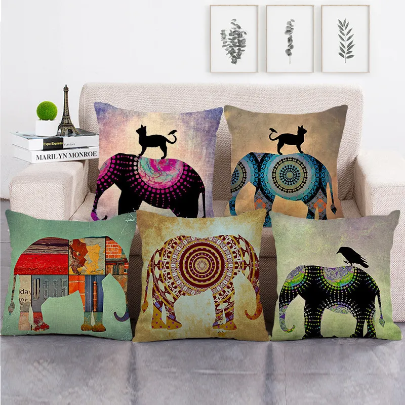 

Beautiful Boho Pillowcase Elephant Animal Painting Cotton Linen Pillow Case Room Aesthetics Pillow Cover for Sofa Bed Chair