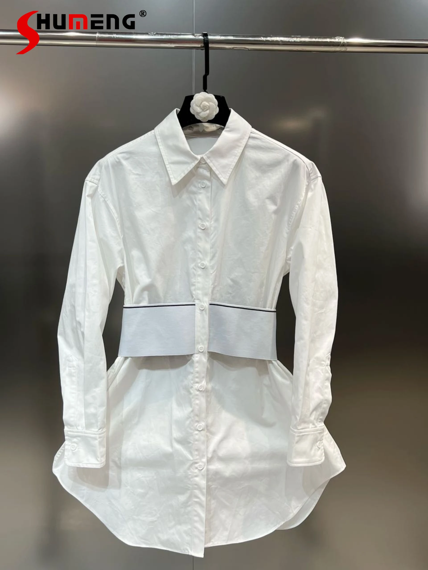 

2022 Fall New Ladies Fashion Office Lady Lapels Long Sleeve Blouses Women Elegant Simple Elastic Slim Waist Versatile Shirt Top