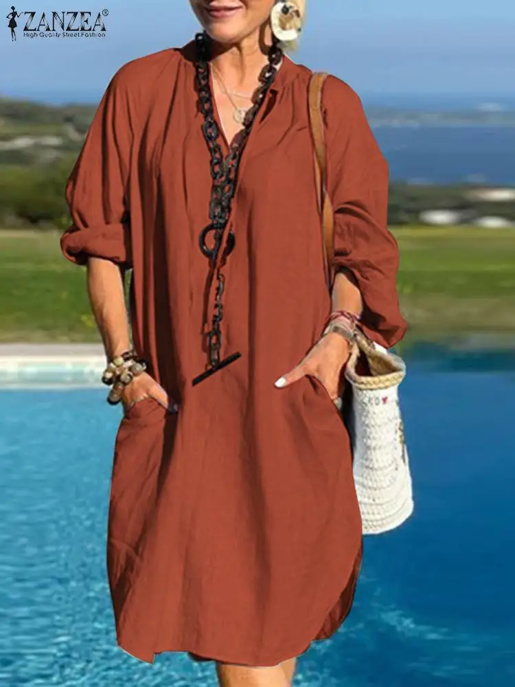 

Women Summer Sundress 2022 ZANZEA Kaftan Solid Dress Long Sleeve V Neck Shirts Knee Length Dress Holiday Robe Vestido Oversized