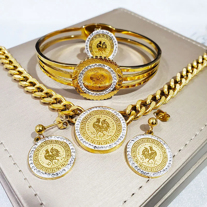 Нержавеющая сталь 316L золотой узор петуха толстая цепочка браслет с кристаллами и