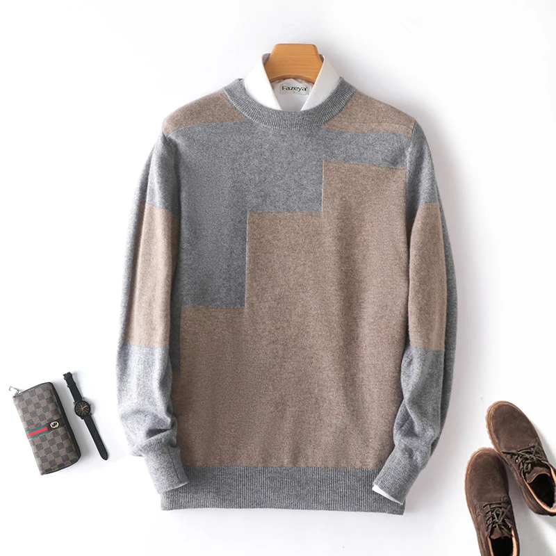 100%  Wool Sweater Men  Pullover Fashion Patchwork Vintage Top Autumn Winter Large Size Men's Cashmere Sweater