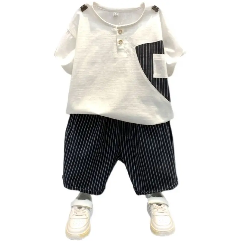 Boy's Cool Handsome Summer Wear Suit 2022 New Baby Fried Street Striped Clothes Children's Handsome Children's Clothing
