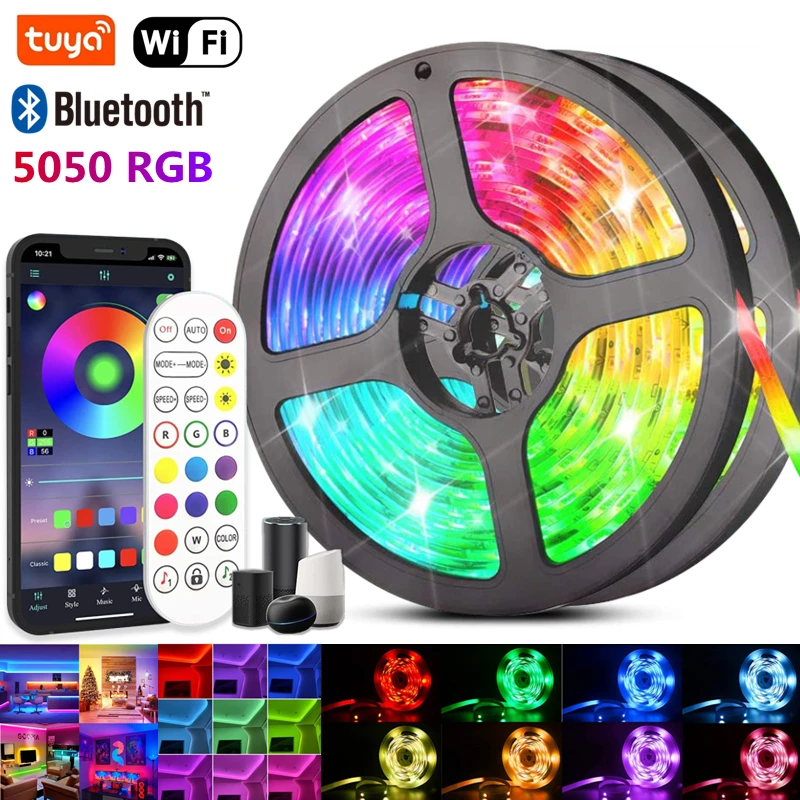 

LED Strip Light RGB 5050 Flexible Ribbon Tape IP20 Fita Bluetooth WIFI Remote Control DC 12V Backlight For Bedroom 30LED/M Luces
