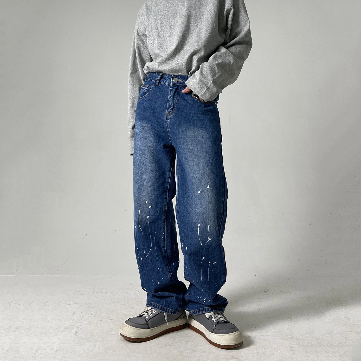 Korean Version of Jeans Men's Hand-painted Splashed Ink Painted Loose Trend Straight Trousers Men's Pants Street Men's Clothing