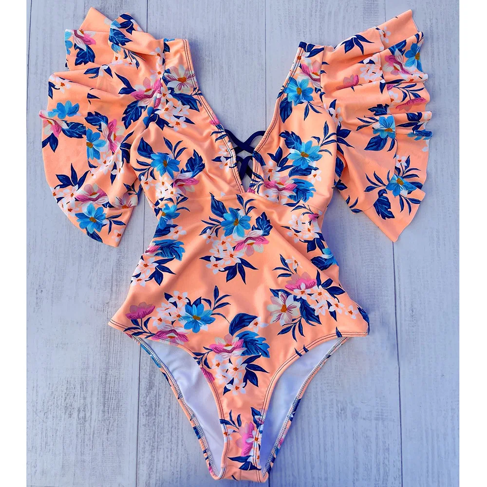 2022 Summer Women Ruffle Sleeve Thong Monokini Women Deep V One-piece Swimsuit Printed High Waist Sexy Bathing Suit