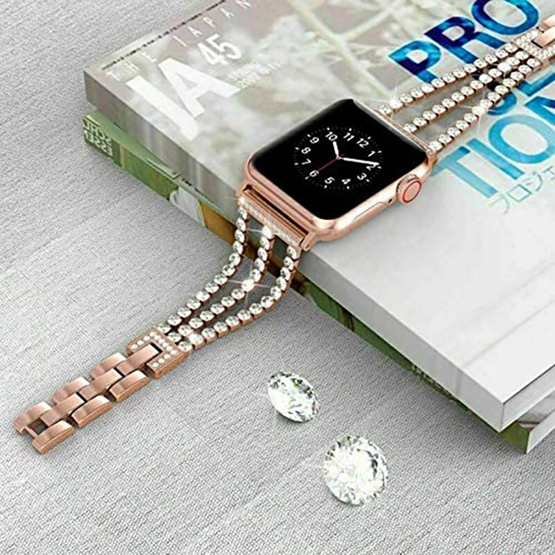 For Apple Watch 45mm Band Metal Bling Rhinestone Bracelet Strap 38mm 40mm 42mm 44mm Women IWatch 7 6 Se 5 4 3 Wristband