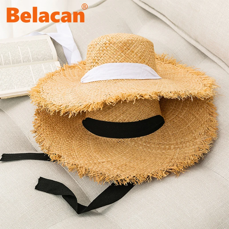 

Natural Raffia Straw Sun Hats Women Summer Large Wide Brim Floppy Beach Hat Hand Weave Fashion Panama Cap Wholesale Dropshipping