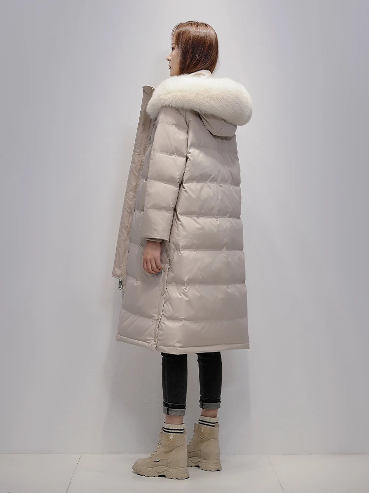 New Women Fox Fur Collar Long Down Jacket Casual Style Autumn Winter Coats And Parkas Female Outwear