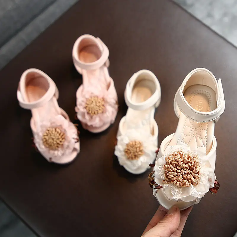 

Kids Summer Sandals Girls Lace Flower Peep-Toe Sandals Princess Shoes Pastal Crystal Slipper Versatile Hook&Loop Soft Flat Heels