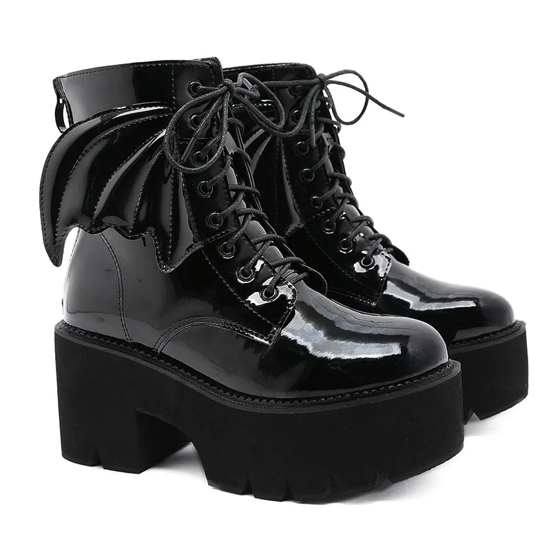 

women fashion punk gothic footwear patent leather boots black tide platform shoes ladies high heels boot motorcycle botas femme