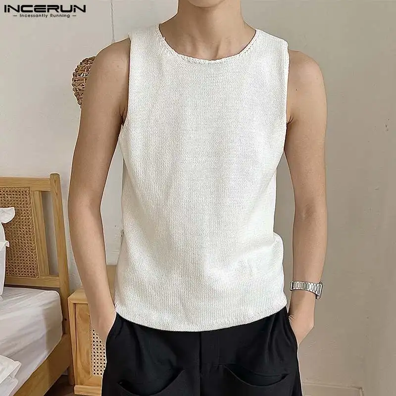 

INCERUN Tops 2023 Korean Style New Mens Sports Thin Knitted Tank Tops Casual Fashionable Male Solid All-match Simple Vests S-5XL