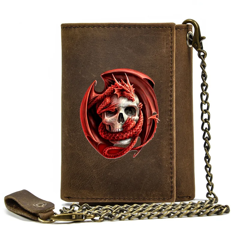 

Genuine Leather Men Wallet Anti Theft Hasp With Iron Chain Classic Skull Dragon Cover Card Holder Rfid Short Purse BT3596