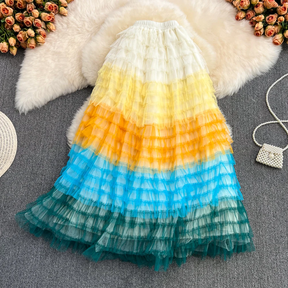 

High Quality Cascading Ruffles Tulle Tiered Puffy Long Skirts Women Hit Color Elastic Waist Mesh Fold Pleated Tutu Sweet Skirt