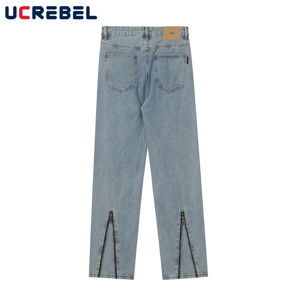 

Zipper Decoration Jeans Mens High Street Washed Distressed Denim Pants Casual Straight-leg Pants Men