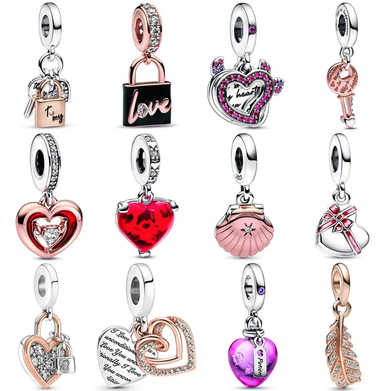 Love Key Padlock & Devil Heart Curved Feather Sea Shell Pendant Bead 925 Sterling Silver Charm Fit Popular Bracelet Diy Jewelry