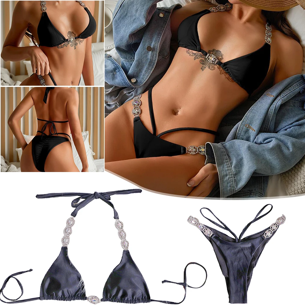 

Two Piece Swimsuit for Women Sexy Crystal Tie Bikini Thong Summer Swimwear Slim Spa Clothing Thin Underwear Bathing Suit jlrr
