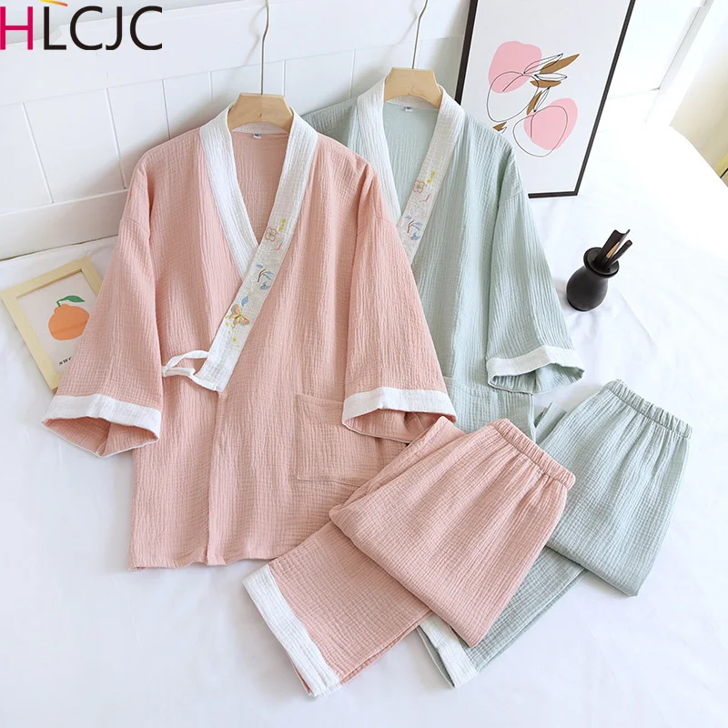 

Кимоно женское в японском стиле, пижама из хлопка и крепа, Повседневная Пижама с вышивкой, комплект из двух предметов, домашний сервис, весна-лето