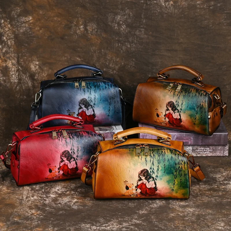 MOTAORA Vintage Women Luxury Leather Handbag For Female Bag Luxury Designer Hand Drawn Cartoon Pattern Ladies Shoulder Bags 2023