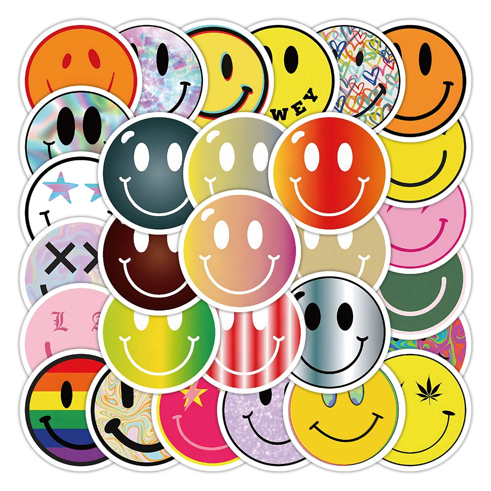 

50 Pcs Smile Face Emoticon Sticker Decals For Skateboard Cartoon Stickers Cute Waterproof Kids Toys Stationery Decorative