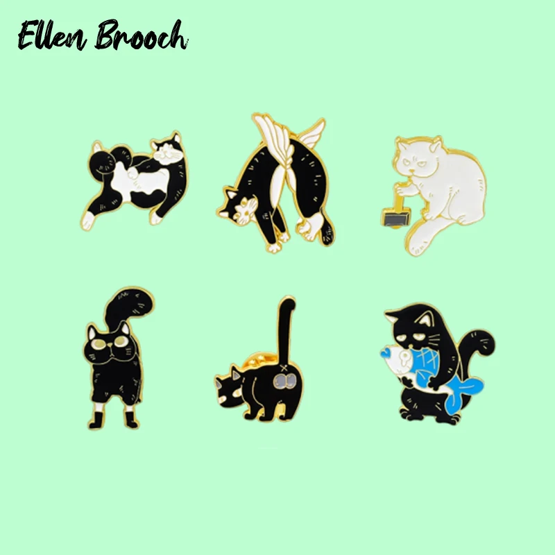 

Black Cat Enamel Pins Cats Eating Fish Kitty Playing Brooch Lapel Badges Cute Animal Jewelry Gift for Kids Friends