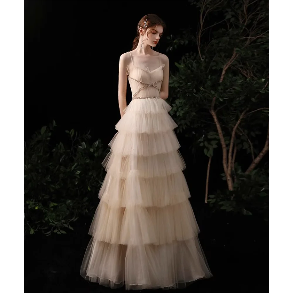 

2023 Women Evening Dress Spaghetti V-Neck Crystal Band Draping Ruffle Tulle Floor Length Fashion Elegant Ball Party Prom Dress