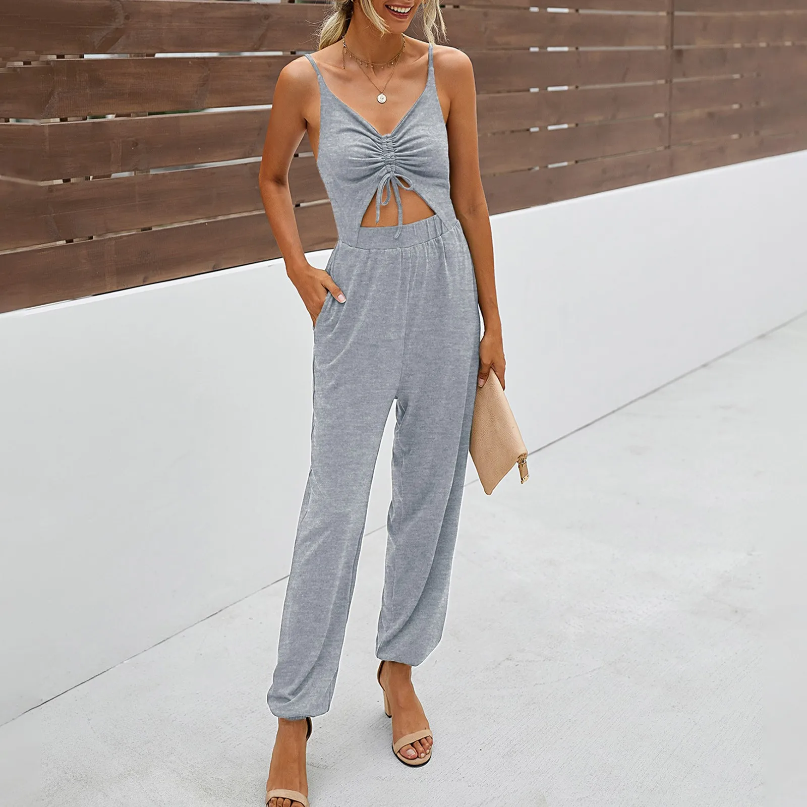 

Women's Jumpsuits Summer Spaghetti Straps V Neck Sleeveless Cutout Smocked High Waist Jumpsuits Korean Fashion Rompers Pockets 4