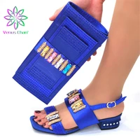 comfortable hot selling african latest nigerian style italian design blue color elegant ladies shoes and bag set for party