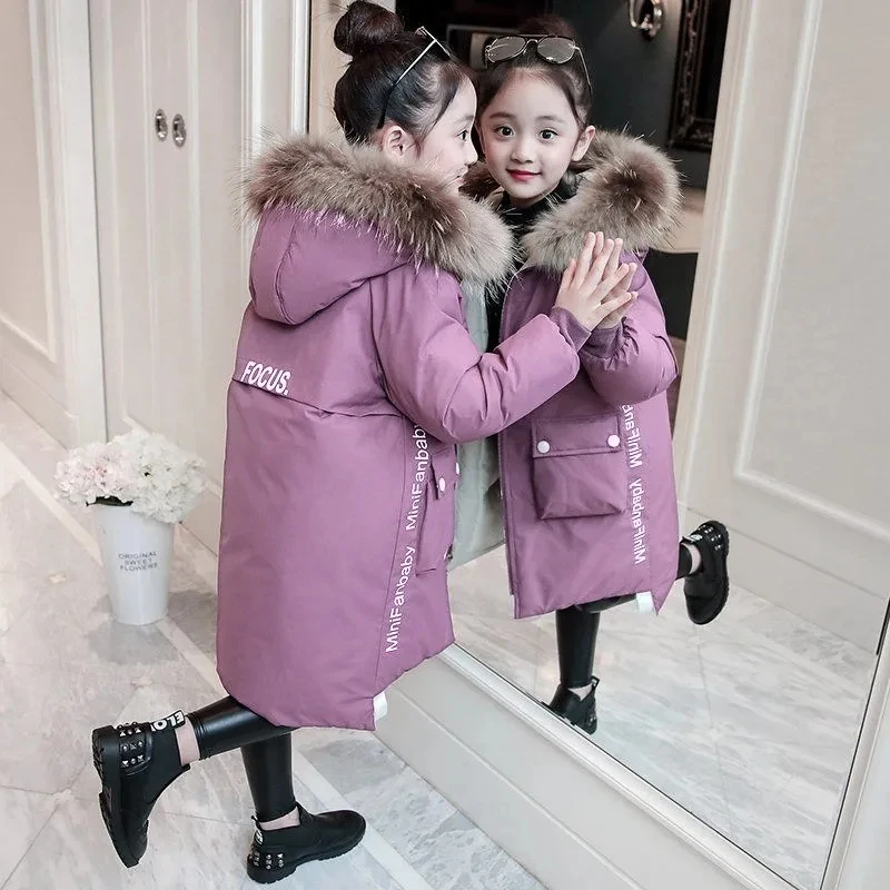 

Girls Winter Coat Parkas Down Cotton Jacket Kids Warm Thicken Hooded Big Fur Collar Outwear -30 Degrees Child 10 13 14 Year Old