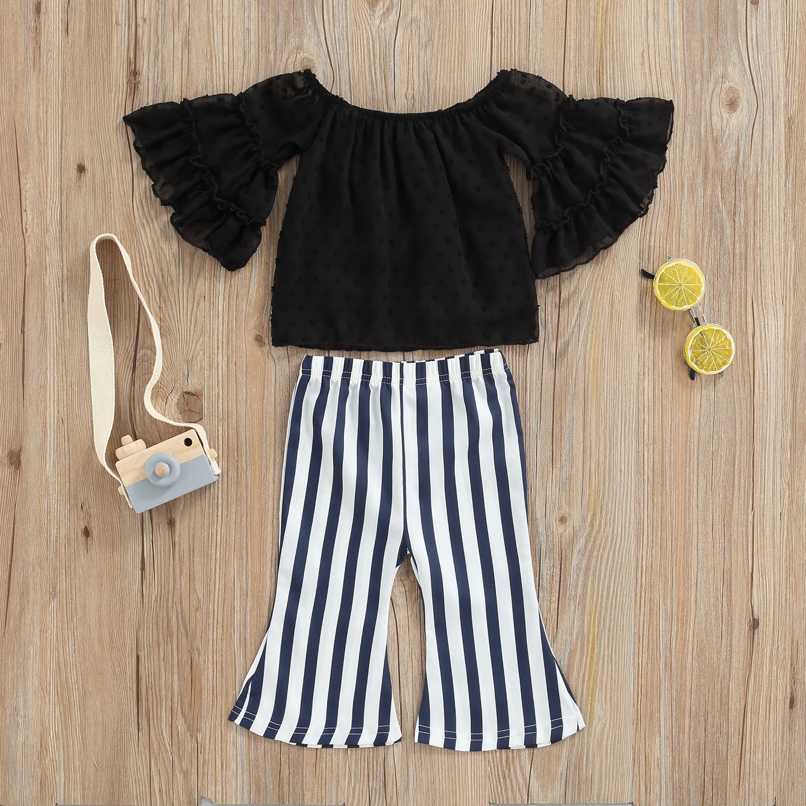 

1-6 Years Toddler Girl 2pcs Spring Outfits, Off Shoulder Long Sleeve Tops + Striped Flare Pants Set