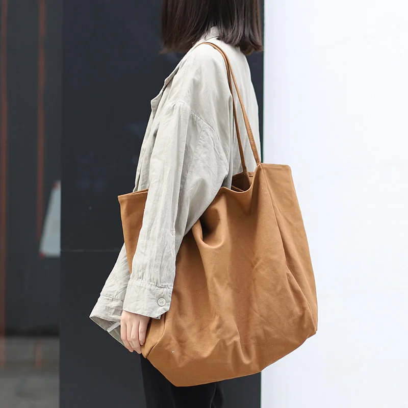 2023 New Korean Style Simple Large Capacity Shopping Bag Ins Mori Artistic Canvas Shoulder Bag Casual Retro Solid Color Tote