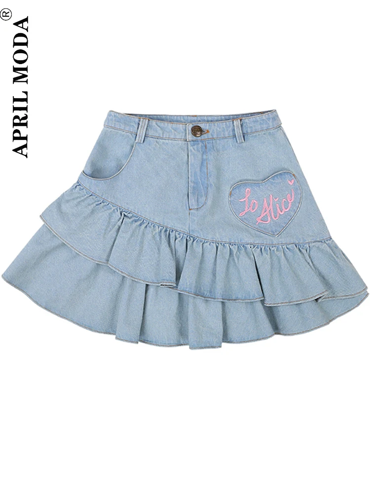 

Милые Стильные мини джинсовые юбки Лолиты Y2k с рюшами для девочек Harajuku с вышитыми сердечками и надписями Kawaii юбка JK для женщин Милое Плиссированное Скейтер