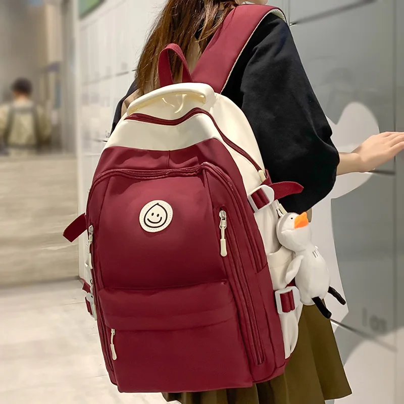 

Girl Cute Red Travel School Bag Lady Leisure Trendy Women Nylon Laptop Book Bag Fashion Female Cool Student College Backpack New